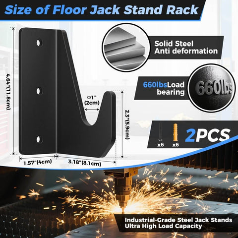 Heavy Duty Wall Mount Jack Stand Organizer Rack For Hydraulic Floor Jacks And Trailers, Space Saving Stainless Steel Storage Holder with 660 lb Load Capacity, shown in front view with dimensions and solid steel construction features.