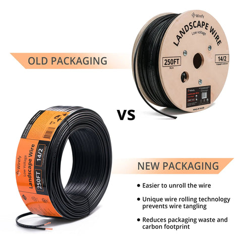 Comparison of old and new packaging for Low Voltage Landscape Wire 14/2 250 Ft Pure Copper 14 Gauge 2 Conductor Outdoor Direct Burial Cable