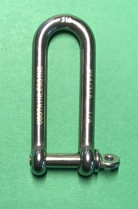 316 Stainless Long D Shackle One Quarter Inch Marine Grade Dee, Corrosion Resistant, heavy duty tie down tool on green background