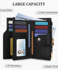 Travel Ready Compact Women's Bifold Wallet With RFID Blocking Zipper Coin Pocket And Card Holder Lightweight Durable Material Slim Purse Friendly For Everyday Carry And Travel Classic Black with 16 card slots, cash compartment, ID windows, zipper pocket, showing open interior.