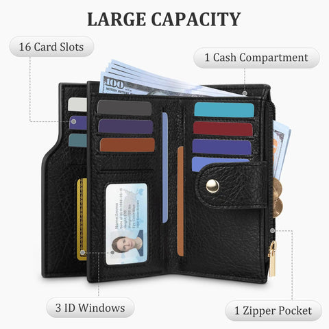Travel Ready Compact Women's Bifold Wallet With RFID Blocking Zipper Coin Pocket And Card Holder Lightweight Durable Material Slim Purse Friendly For Everyday Carry And Travel Classic Black with 16 card slots, cash compartment, ID windows, zipper pocket, showing open interior.