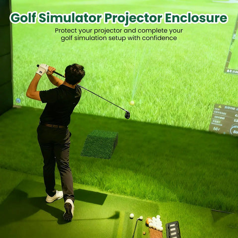 Golfer using Heavy Duty Floor Mounted Golf Simulator Enclosure With Turf and Cooling Fan in home setup