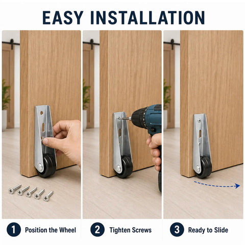 Installation steps for Quickest Sagging Door Fix Smooth Glide Upgrade For Heavy Drawers And Sliding Gates Rock Solid Silver Side Mount Non Swivel Low Profile Caster Wheels.