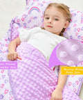 Toddler Nap Mat With Pillow And Blanket For Daycare And Preschool, Extra Large Rolled Napping Mat For Travel And Camping, Super Soft Fleece Minky Sleep Mat For Boys And Girls, Rainbow Colors, lilac mat with heart designs
