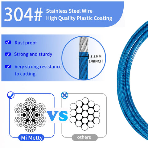 10Ft Outdoor Security Cable For Luggage And Bikes Braided Stainless Steel Wire Rope 3.3mm Thick With Weatherproof Vinyl Coating