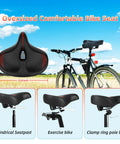 Ultra Wide Memory Foam Bike Seat Cushion For Spin And Exercise Bikes Extra Large 12.6 by 11.4 by 4.7 Inches Thick Cushioned Saddle With Soft Durable Cover Non Slip Red Great For Long Rides, black bike seat with measurements