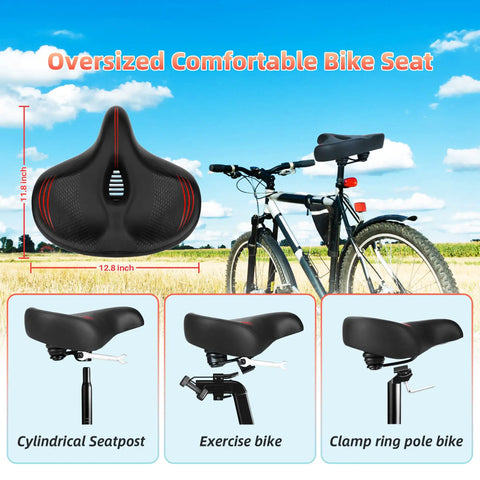 Ultra Wide Memory Foam Bike Seat Cushion For Spin And Exercise Bikes Extra Large 12.6 by 11.4 by 4.7 Inches Thick Cushioned Saddle With Soft Durable Cover Non Slip Red Great For Long Rides, black bike seat with measurements