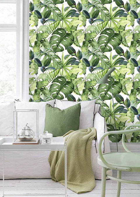 Living room with Tropical Palm Leaves Peel And Stick Wallpaper Roll Renters Friendly Easy Install Removable Vinyl Wall Decor