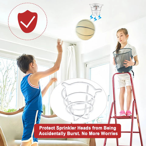 Straight Up Heavy Duty White Sprinkler Cage Guards Designed To Block Accidental Hits On Recessed Ceiling Pipes in use, protecting sprinkler heads.