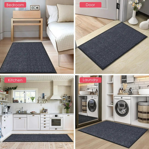 Front Door Mat 3 By 4 Ft Indoor Outdoor Entrance Rug With Non Slip Rubber Backing Heavy Duty Commercial Floor Mat shown in various rooms.