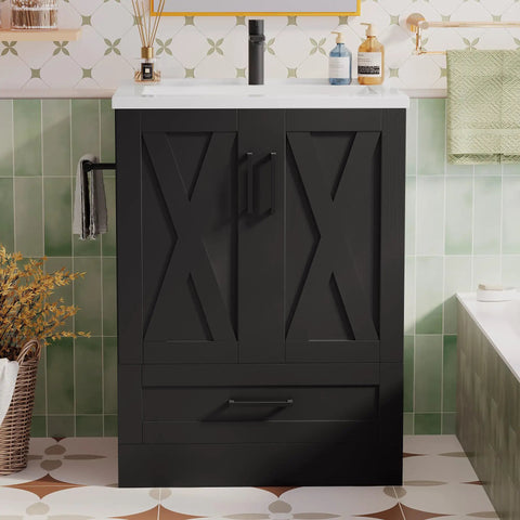 Upgrade Your Setup With This Slick 24 Inch Farmhouse Bathroom Vanity Featuring An Integrated Sink And Plenty Of Storage Cabinet Space In Sleek Matte Black For Clean Rustic Style That Hits Different