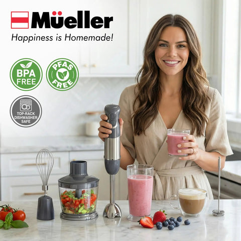 Woman using Boss 5 In 1 Immersion Hand Blender Set With 800W Copper Motor And Titanium Reinforced Blades in kitchen