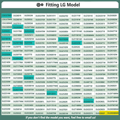 Compatibility chart for Upgraded Dryer Repair Kit For LG And Kenmore Dryers showing model numbers in a grid format.