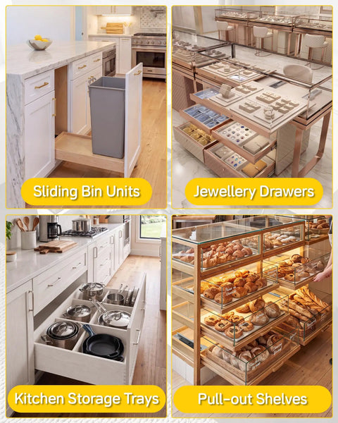Image showcasing Tough As Nails Soft Close Bottom Mount Drawer Slides Full Extension 16 Inch Cabinet Glide Tracks in kitchen and storage settings.