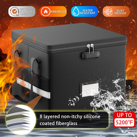 Black Fireproof Doc Box With Lock For 5200F Heat Insulation, showing lock, handles, and fire-resistant material with water splash.