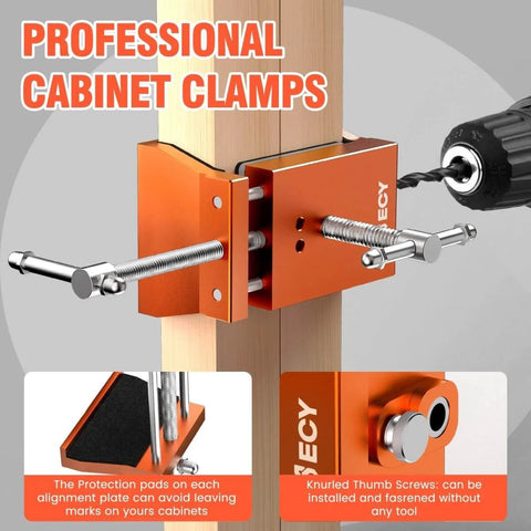 Two Pack Cabinet Clamps for Face Frame Alignment Tool Built From Anodized Aluminum Alloy Professional Grade Installation Clamps for Woodworking and DIY Projects Adjustable Jaw Width From 2 Inches to 4-3/8 Inches Rust Resistant in use with protective pads on wooden frame.