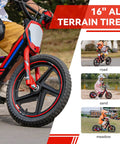 Kids Electric Dirt Bike 340W Racing Motorcycle With 24V Detachable Battery, Brushless Motor, Safe 3 Speed Modes, 16 Inch Off Road Tires, Mini Motocross Bike For Ages 5 To 12, Lightweight Yet Rugged Red 16-inch tire close-up