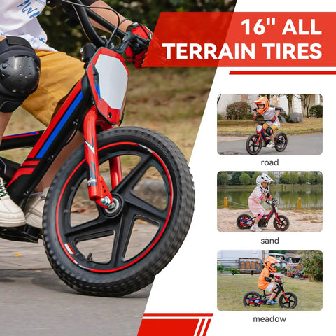 Kids Electric Dirt Bike 340W Racing Motorcycle With 24V Detachable Battery, Brushless Motor, Safe 3 Speed Modes, 16 Inch Off Road Tires, Mini Motocross Bike For Ages 5 To 12, Lightweight Yet Rugged Red 16-inch tire close-up