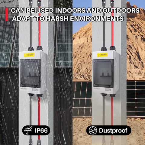 Installed Beefy Solar Panel Disconnect Switch 125A 1000VDC Two Pole Outdoor DC Shutoff Box on wall in rainy and dry environments