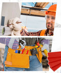 Construction worker measuring wall and wearing a tool belt, red plastic shims shown in the corner.