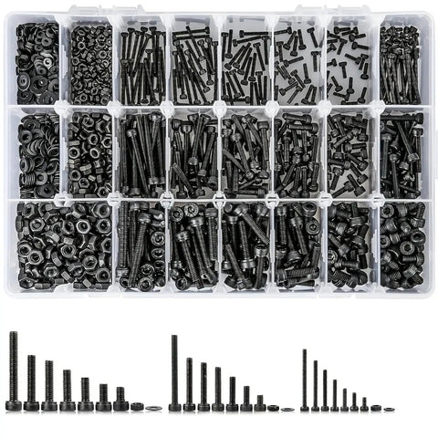 Massive 1260 Piece Metric Bolt Kit With M2 M3 M4 Fasteners, 21 Sizes From 4mm To 30mm, Alloy Steel Hex Bolts Nuts Washers Set For DIY Projects And Repairs, Built Tough For Everyday Fixes, sorted fasteners in storage tray