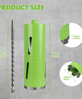Heavy Duty 4 Inch Dry Core Drill Bit With Full Masonry Setup Featuring Quick Release Pilot Bit Drift Tool, product dimensions shown.