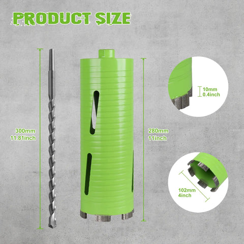 Heavy Duty 4 Inch Dry Core Drill Bit With Full Masonry Setup Featuring Quick Release Pilot Bit Drift Tool, product dimensions shown.