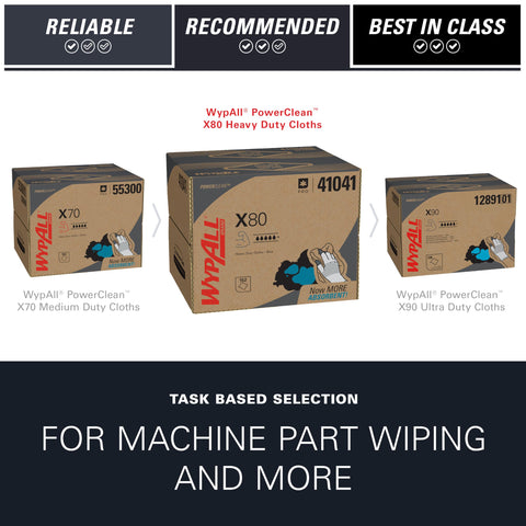 Product packaging of PowerClean X80 Cloths Heavy Duty Wipes Brag Box Blue 152 Sheets Per Box Extra Absorbent Wipes