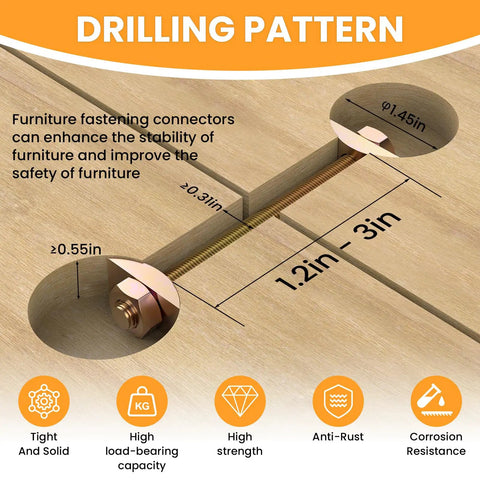 Killer Fit Four Pack M8x100MM Countertop Connector Bolts With Half Moon Washers And Hex Nuts For zero wobble counter joint fastening, drilling pattern and measurements.