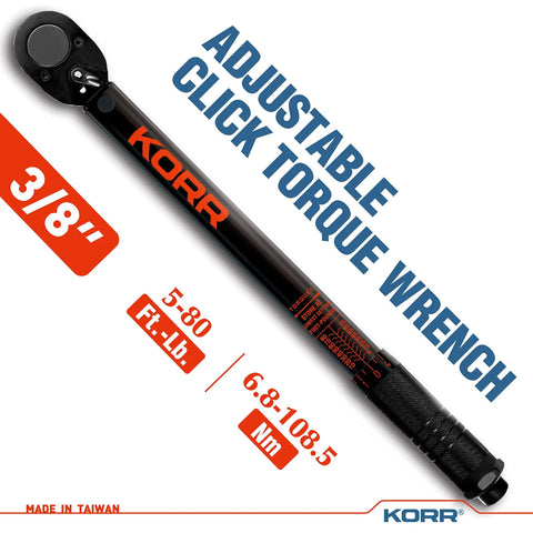 3/8 Inch Drive Click Torque Wrench with 5-80 Ft-Lb Range, black handle, and red brand logo, includes measurement markings.