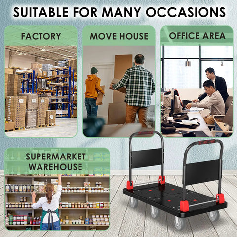 Heavy Duty 2200 Lb Platform Truck With Six Smooth Glide Wheels And Foldable Dual Handrails For Hauling Construction Tools And Warehouse Stock Without Breaking A Sweat in various settings like factory, supermarket, and office.