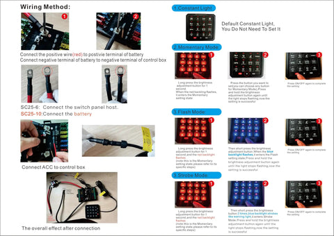 Wiring instructions and control modes for 8 Gang Electronic Switch Panel For 12V Systems With Led Indicators And Remote Control.