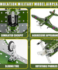 Close-up details of simulated cockpit, aggressive plane design, sliding tire, and rotatable paddles from Epic 374 Piece Model Airplane Kit For Kids Aged 8 To 12 DIY STEM Building Set Erector Style Construction Toy For Boys Scale 1 To 32 Large Plane And Mini War Plane Displays Cool Aviation Gift For Airplane Fans