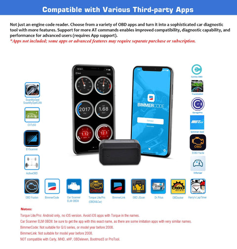 Bluetooth OBD II Scanner With BLE For iOS And Android shown with compatible apps on smartphone screens