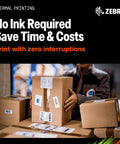 ZT620 6 Inch Thermal Industrial Printer With 203 DPI No Ink Required USB Serial Ethernet Bluetooth 4.1 Touch Color LCD Workhorse For High Volume Ops Thermal Transfer 1 Year Warranty displayed with boxes in warehouse setting.