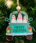 Chickmas Farmhouse Style 3D Wooden Christmas Ornament Four Inch Hanging Chicken Decor with chickens in a truck