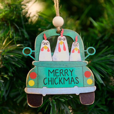 Chickmas Farmhouse Style 3D Wooden Christmas Ornament Four Inch Hanging Chicken Decor with chickens in a truck