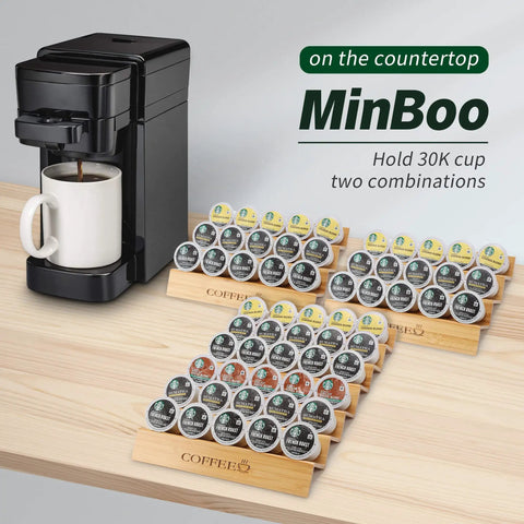 Coffee station with Step Shaped Bamboo K Cup Holder Duo For Your Coffee Station Drawer Or Countertop Organizer Holds 30 Pods Two Piece Set With 3 Tiers For Easy Access And Clutter Free Counter Space Eco Friendly Durable Build holding pods next to a coffee machine.
