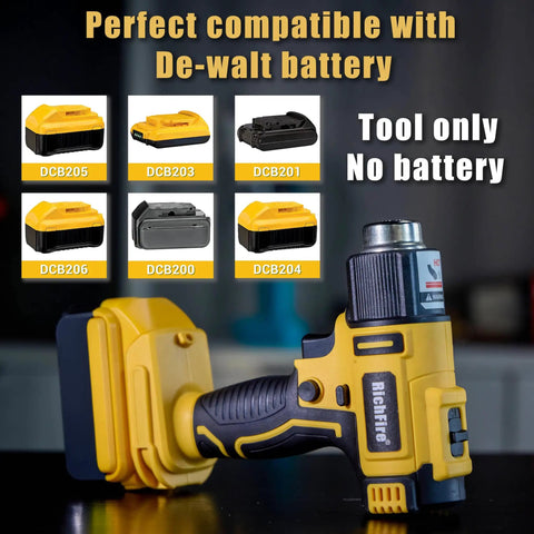 Cordless Heat Gun 350W Fast Heating 572F-1022F 300C-550C Hot Air Tool for 20V Battery shown with compatibility chart