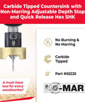 82 Degree Countersink Drill Bit With Adjustable Depth Stop And No Thrust Ball Bearing, Three Eighths Diameter By Three Thirty Seconds Drill Bit, One Quarter Inch Quick Release Hex Shank, Smooth Burn Free Countersinking For Acrylic And Aluminum