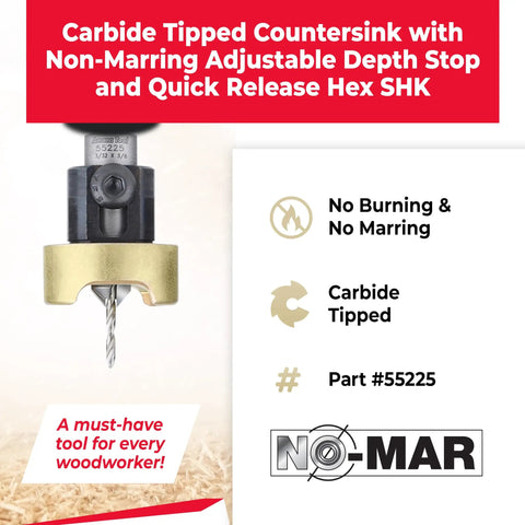 82 Degree Countersink Drill Bit With Adjustable Depth Stop And No Thrust Ball Bearing, Three Eighths Diameter By Three Thirty Seconds Drill Bit, One Quarter Inch Quick Release Hex Shank, Smooth Burn Free Countersinking For Acrylic And Aluminum