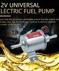 Universal 12V Inline Fuel Pump Low Pressure 5 To 9 PSI displayed with oil background