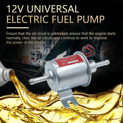 Universal 12V Inline Fuel Pump Low Pressure 5 To 9 PSI displayed with oil background