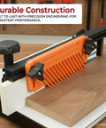 Rock Solid Table Saw Featherboard Replacement For 71553 Fence with orange polymer clamp on table saw with wood piece