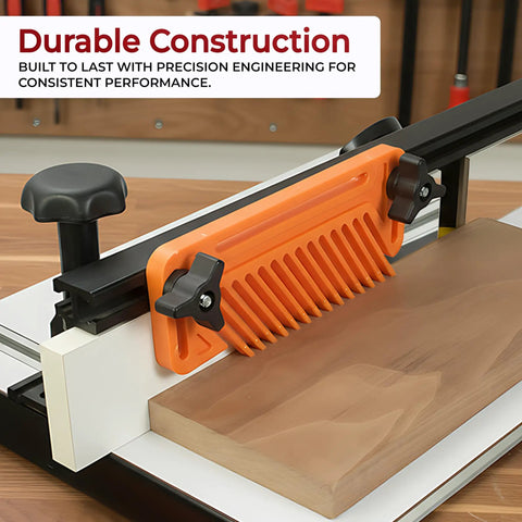 Rock Solid Table Saw Featherboard Replacement For 71553 Fence with orange polymer clamp on table saw with wood piece