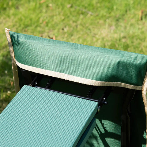 Close-up of Heavy Duty Garden Kneeler And Seat With Large Four Pocket Tool Bag showing EVA foam pad and green fabric.