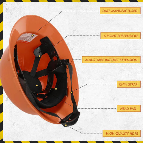 10 Pack Full Brim Hard Hats Orange Construction Helmet HDPE Safety Gear With 6 Point Adjustable Ratchet Suspension interior view