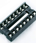 Close-up of a 16 Pin DIP IC Socket, 2 Row, 2.54mm Pitch, Solder Type DIP Socket Adapter for PCB Boards, durable and reusable.