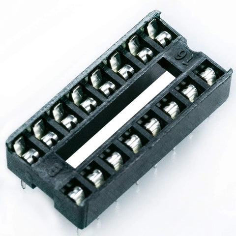 Close-up of a 16 Pin DIP IC Socket, 2 Row, 2.54mm Pitch, Solder Type DIP Socket Adapter for PCB Boards, durable and reusable.