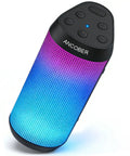 20W Portable Bluetooth Speaker With Crankin Loud Stereo Sound, 8 LED Light Modes, black cylindrical design, with control buttons on top.